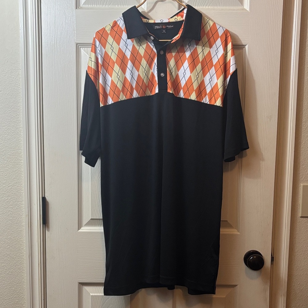Tito’s handmade vodka Men's Black Polo with Orange Argyle Yoke